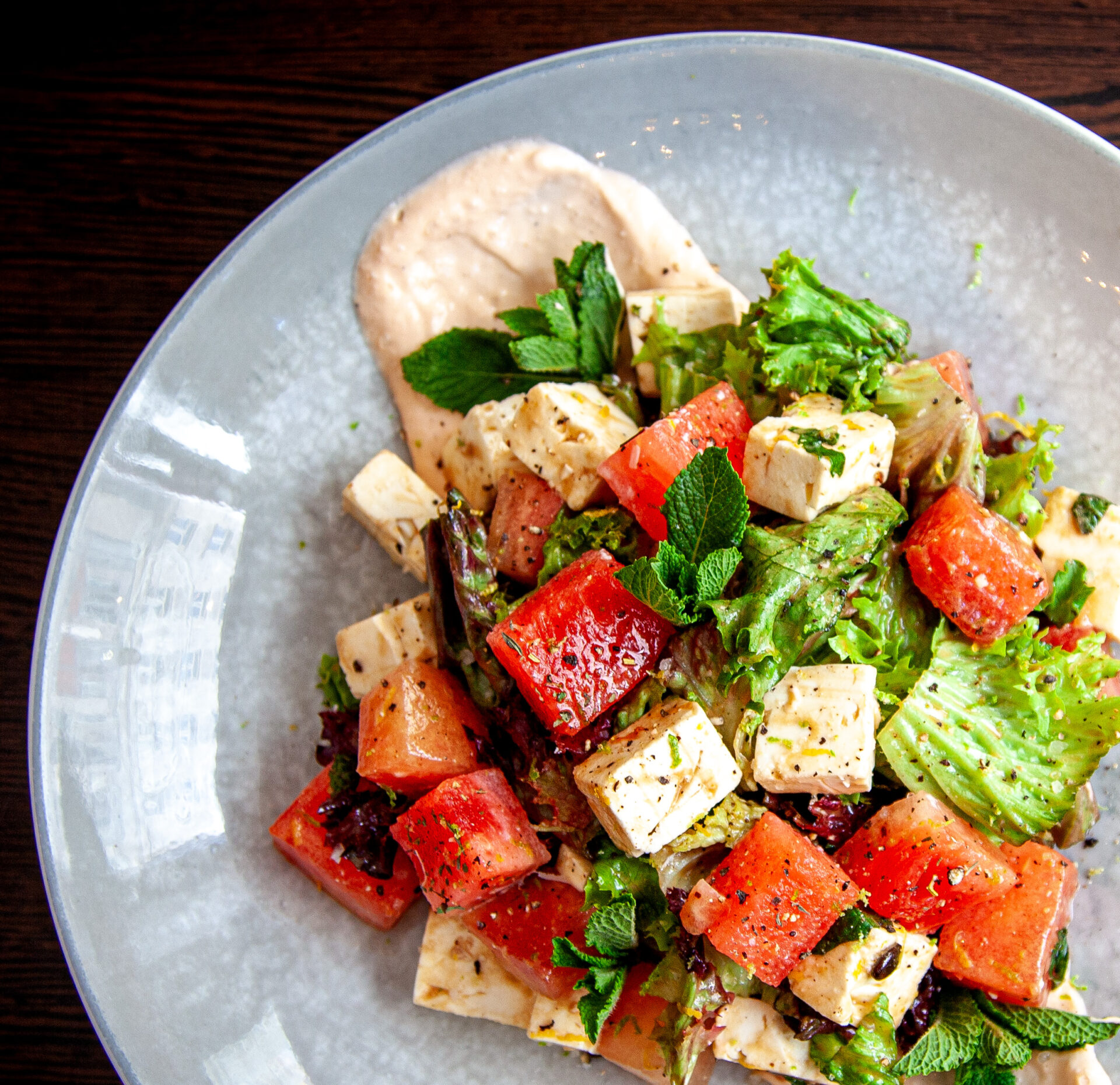 MELONEN - FETA SALAT - bunter Blattsalat I Zitrone I Orangen – Melonencreme I Minze